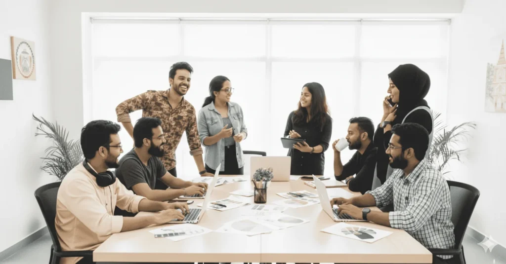 A diverse group of marketing professionals having a collaborative discussion around a meeting table in a bright office setting.